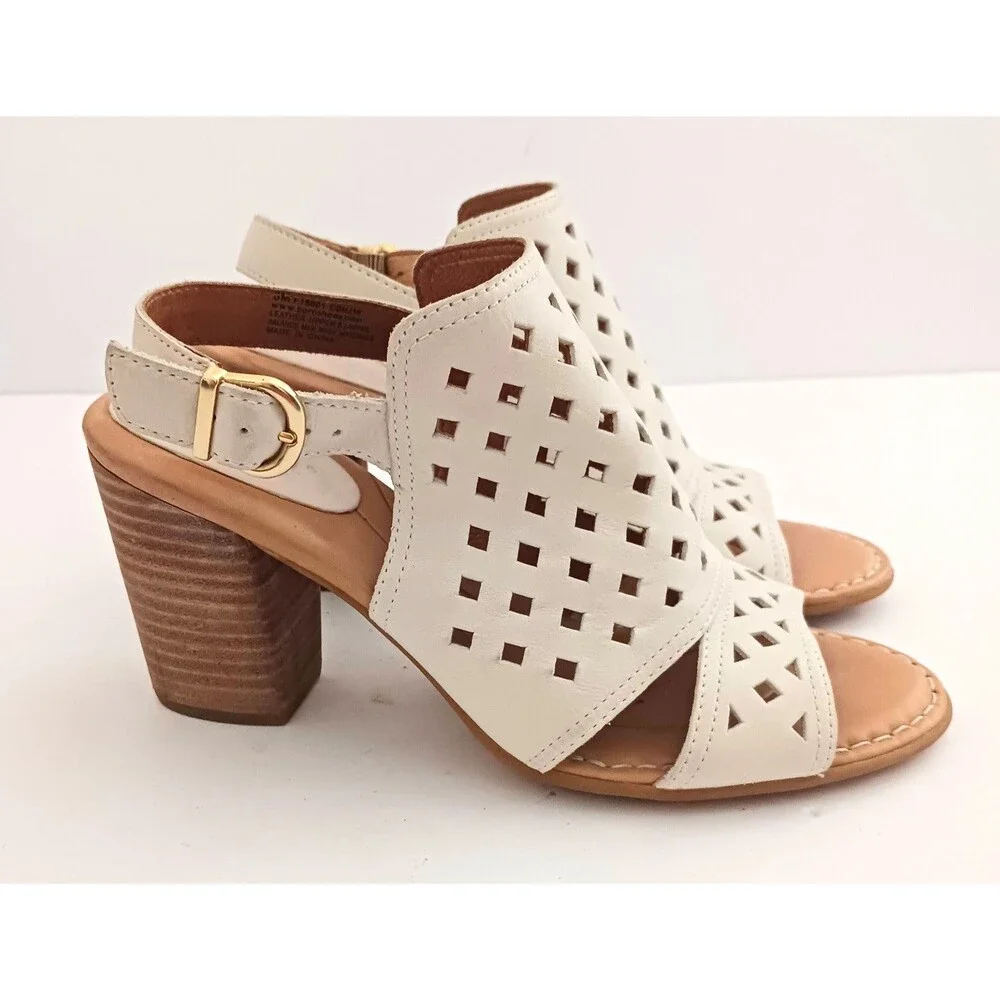 NEW Born Havana Slingback Block Heel Sandal Ivory Laser Cut Leather 8M